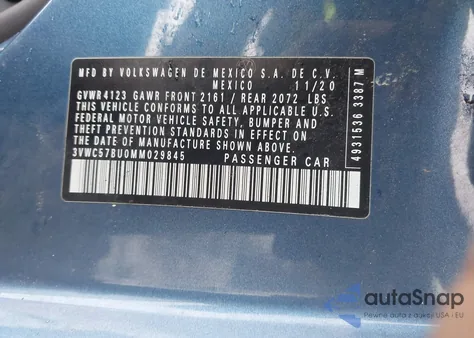 2021 Volkswagen Jetta 1.4T R-Line/1.4T S/1.4T Se из США, поврежденный, VIN 3VWC57BU0MM029845